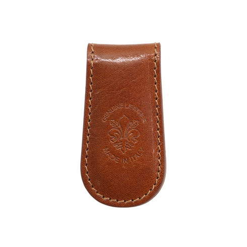 Brown leather money clip with a brand logo on a white background